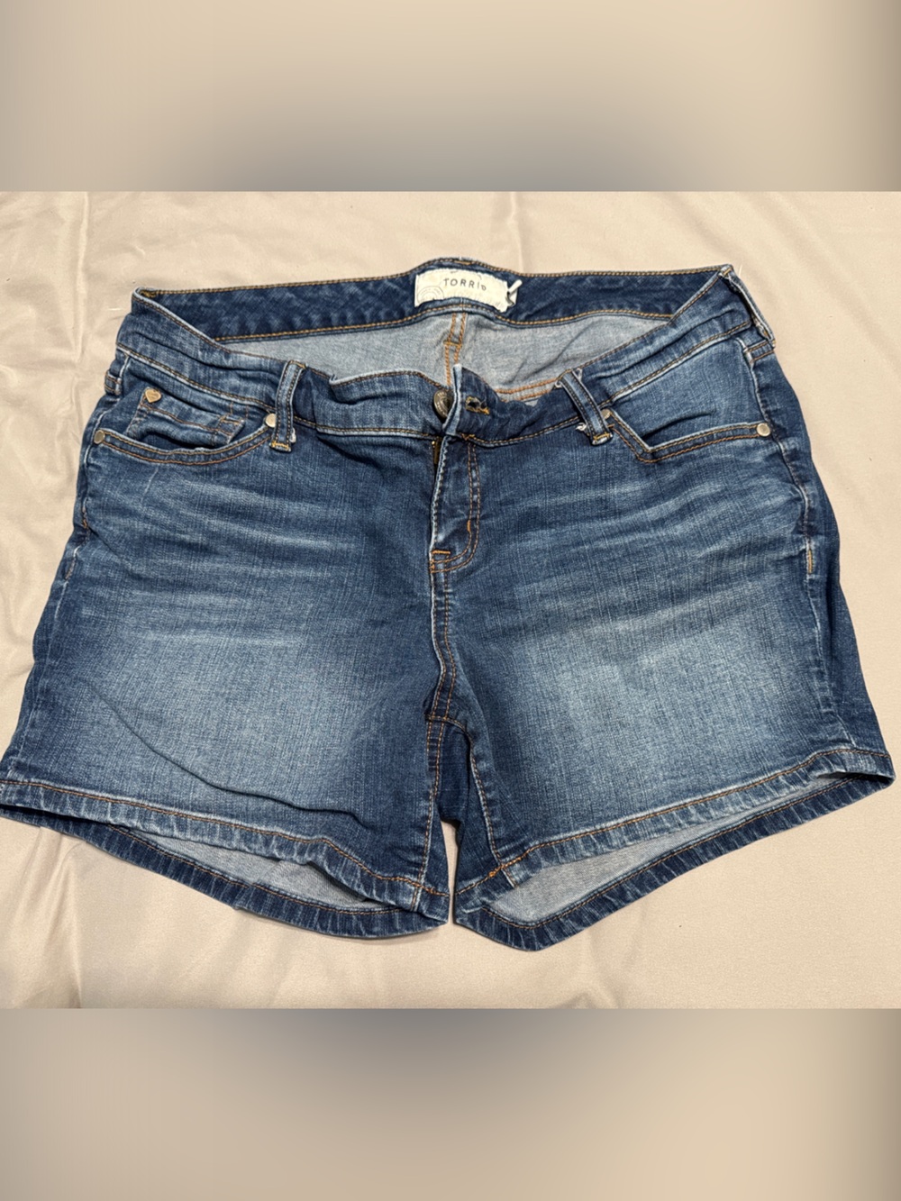 Torrid Dark Blue Stretch Denim Jean Shorts - Mid Rise, Five-Pocket